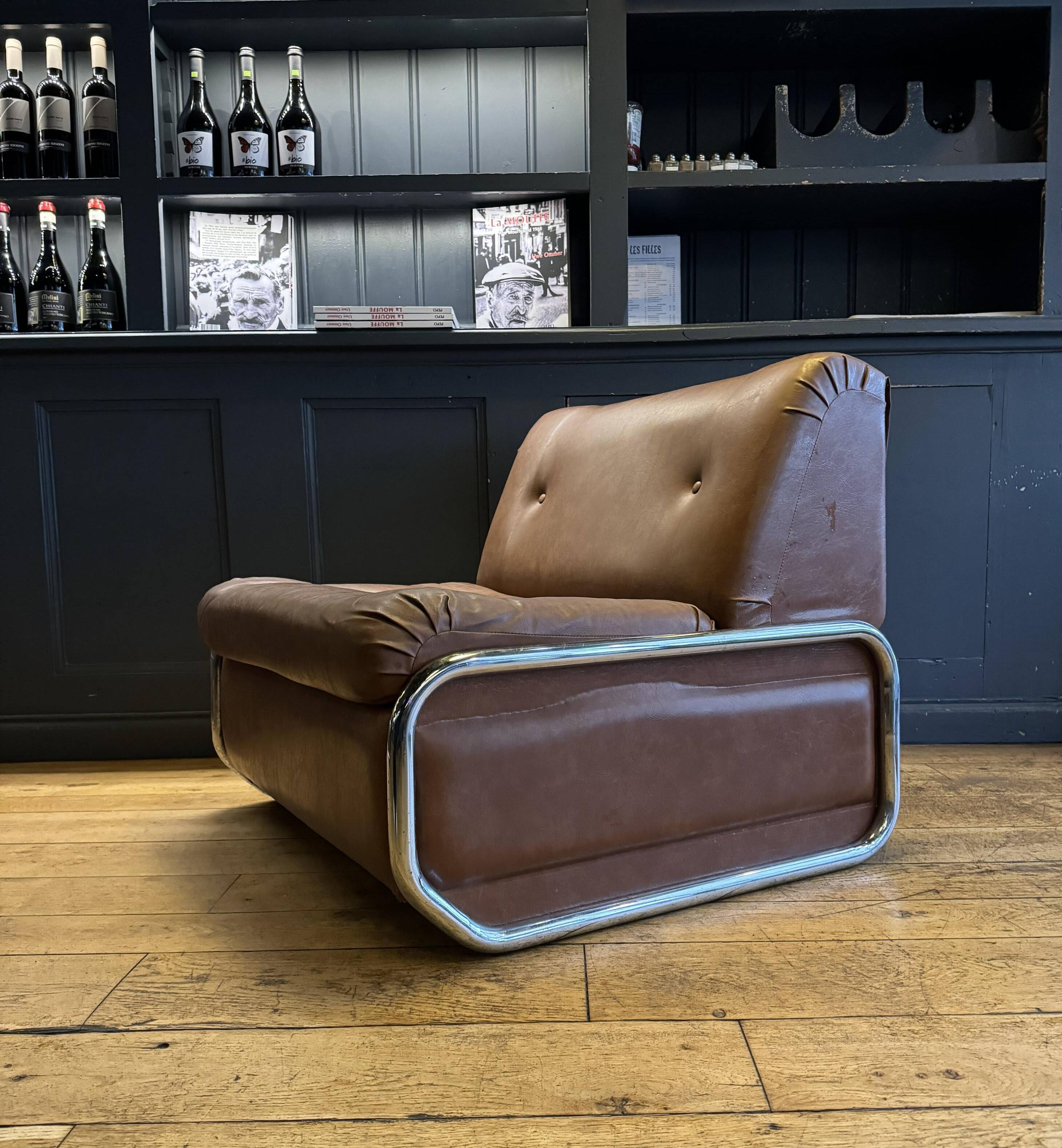 Pair of vintage low chairs, chrome and brown, France 1970