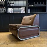 Pair of vintage low chairs, chrome and brown, France 1970