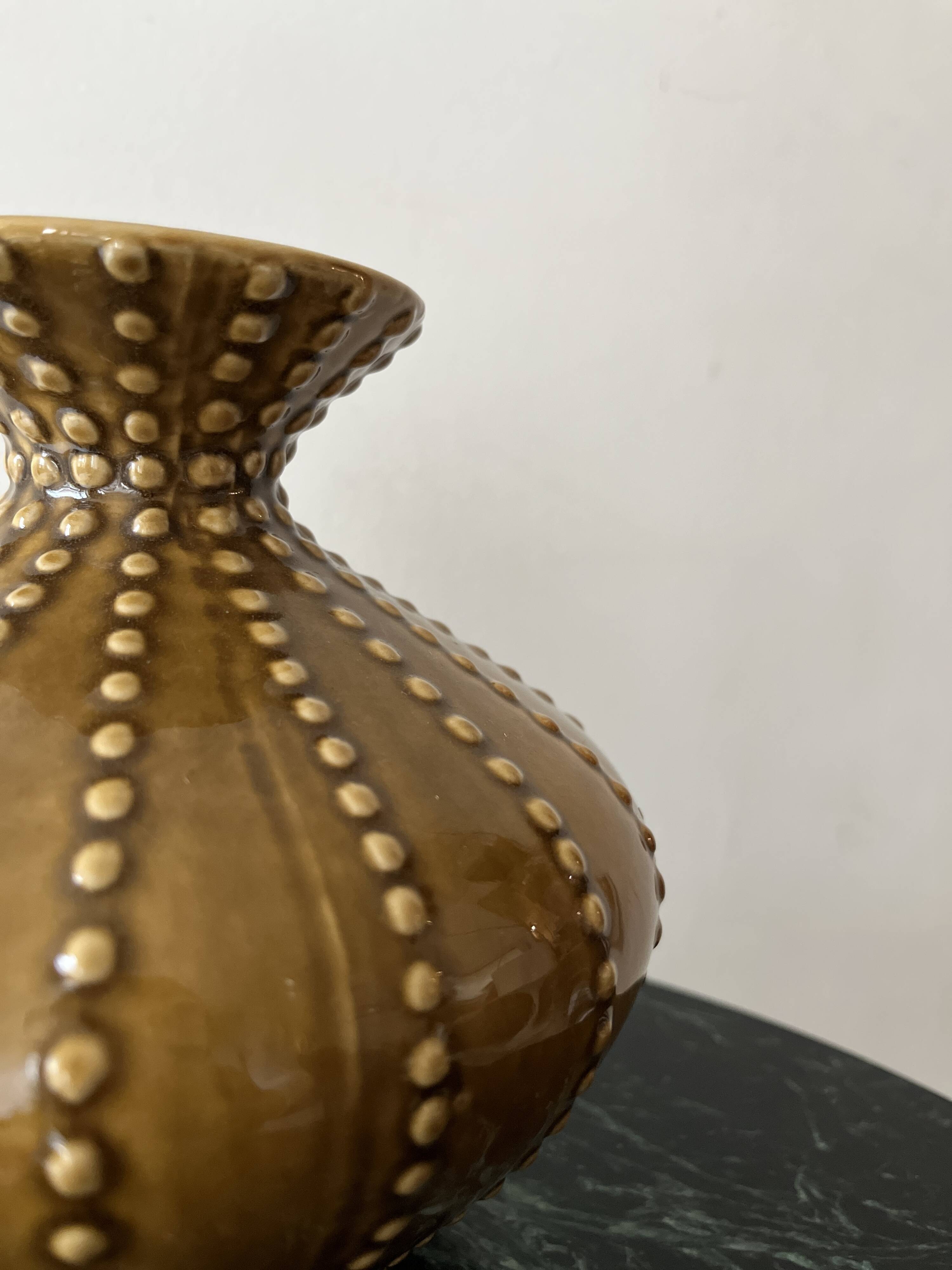 pear-shaped vase in ocher enameled ceramic and pearls