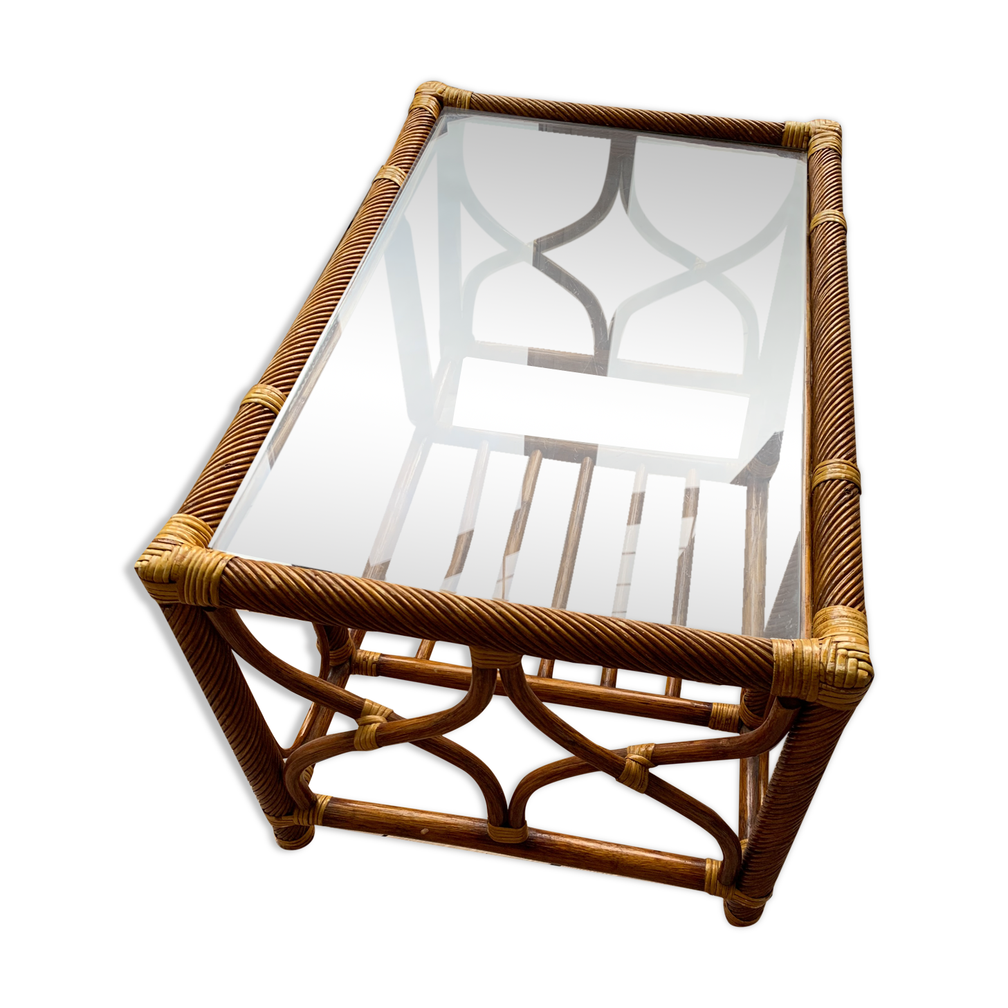 Bamboo rattan glass mid century coffee table