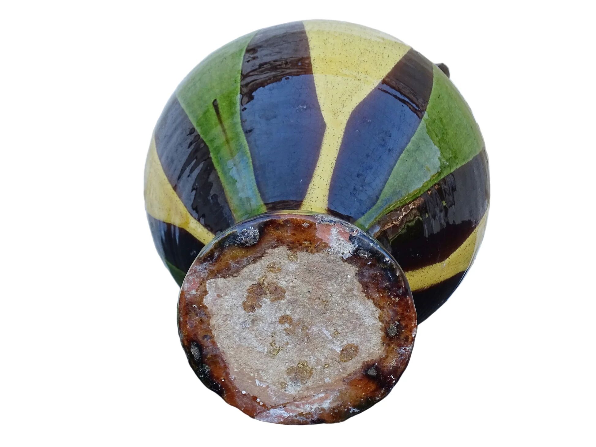 Pichet ou gargoulette ancienne française à glace verte et jaune