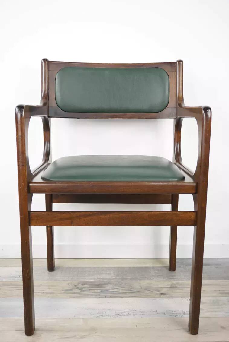 60s armchair in wood and dark green imitation leather