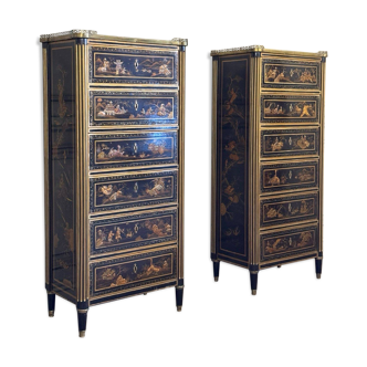 Paire De Semainiers Louis XVI En Laque Noire Et Or, XVIIIème Siècle