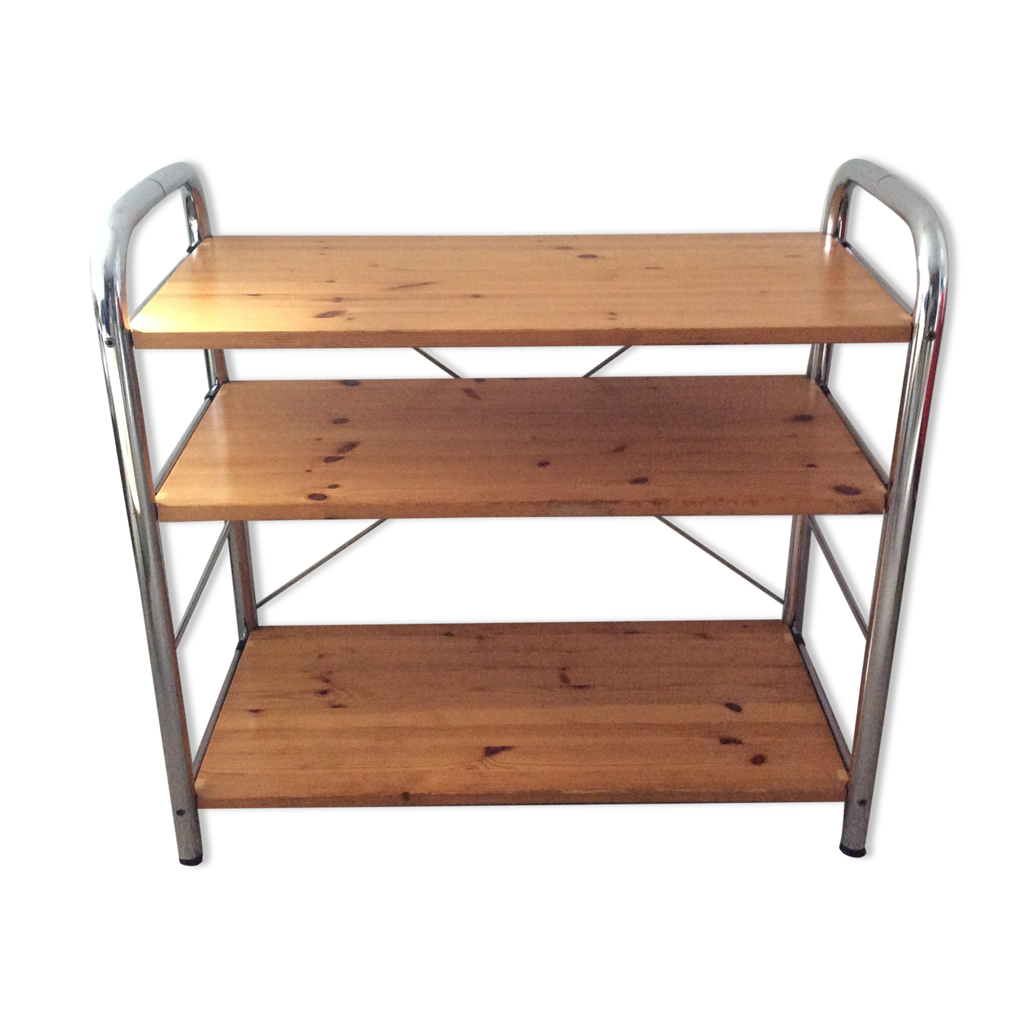 Étagère Vintage Des Années 70 En Pin Et Métal Chromé