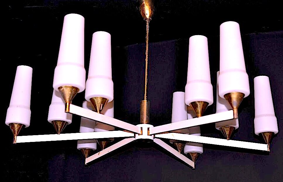 White and brass modernist chandelier, italy 1950's