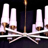 White and brass modernist chandelier, italy 1950's