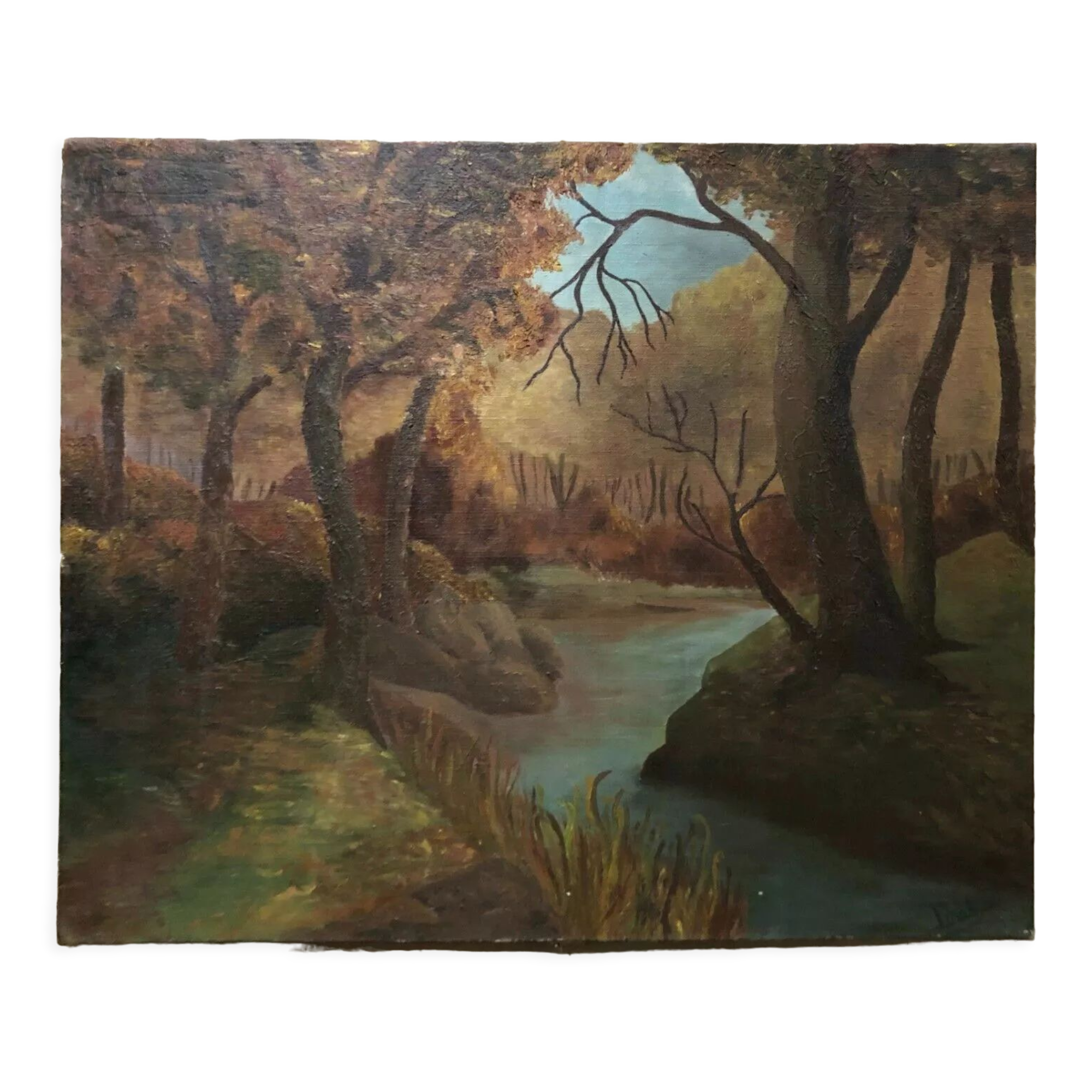Peinture ancienne signée, Riverbank, 20ème siècle