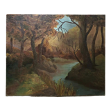 Peinture ancienne signée, Riverbank, 20ème siècle