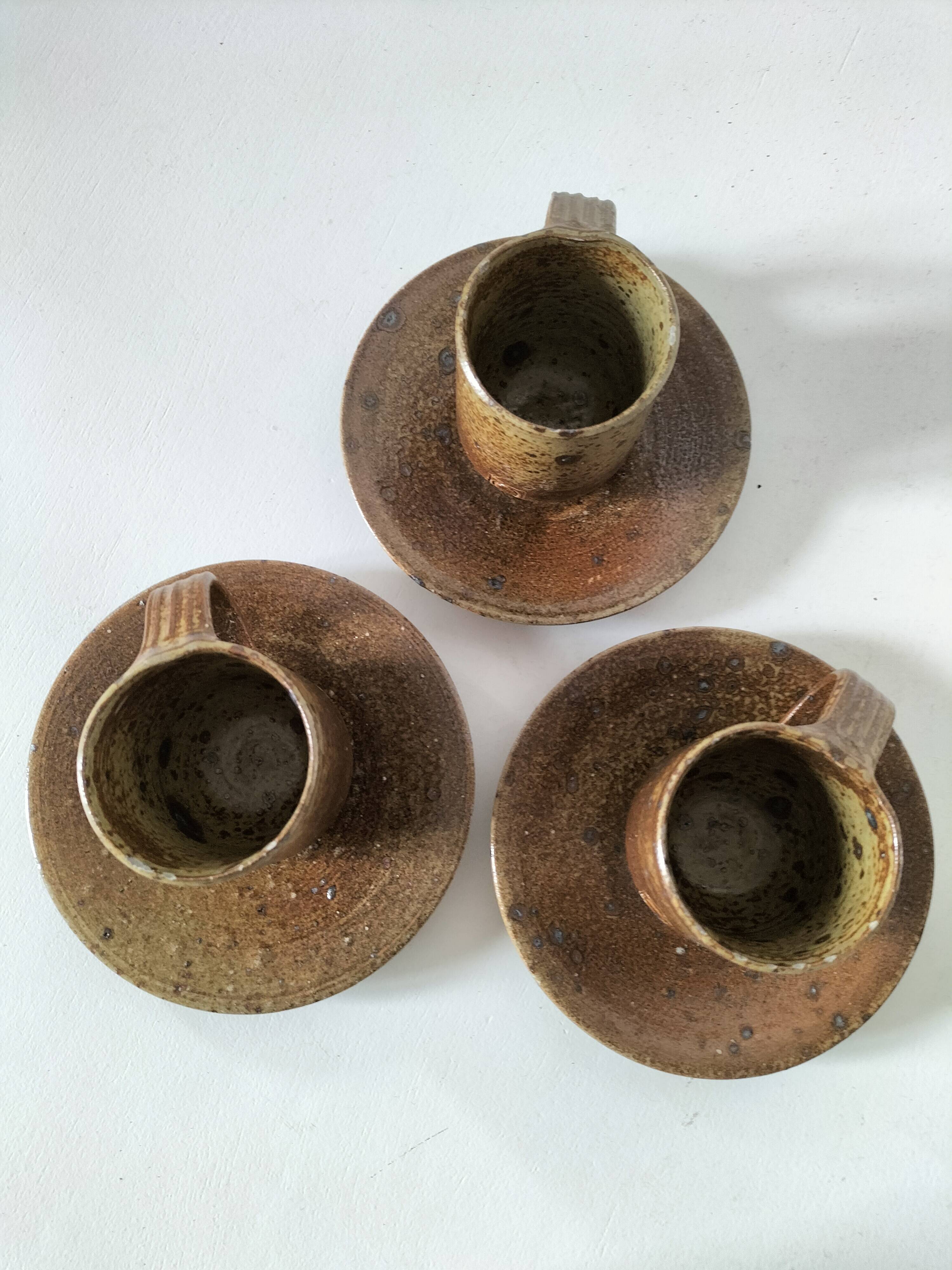 Set of three cups and saucers in pyrite stoneware - Charles Gaudry, Puisaye