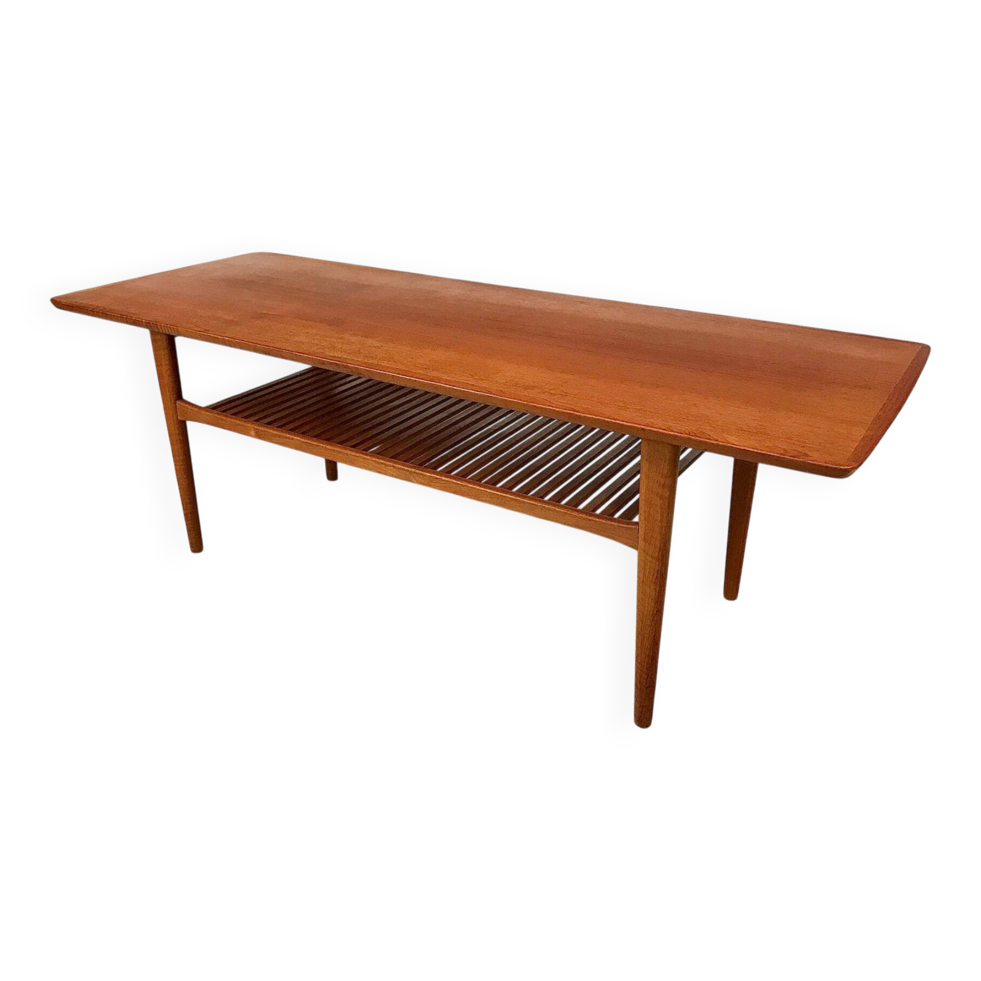 Scandinavian teak coffee table with slatted shelf, Denmark 1960s
