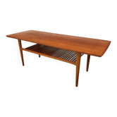 Table basse en teck scandinave avec étagère à lattes, Danemark années 1960