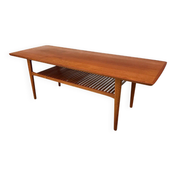 Scandinavian teak coffee table with slatted shelf, Denmark 1960s