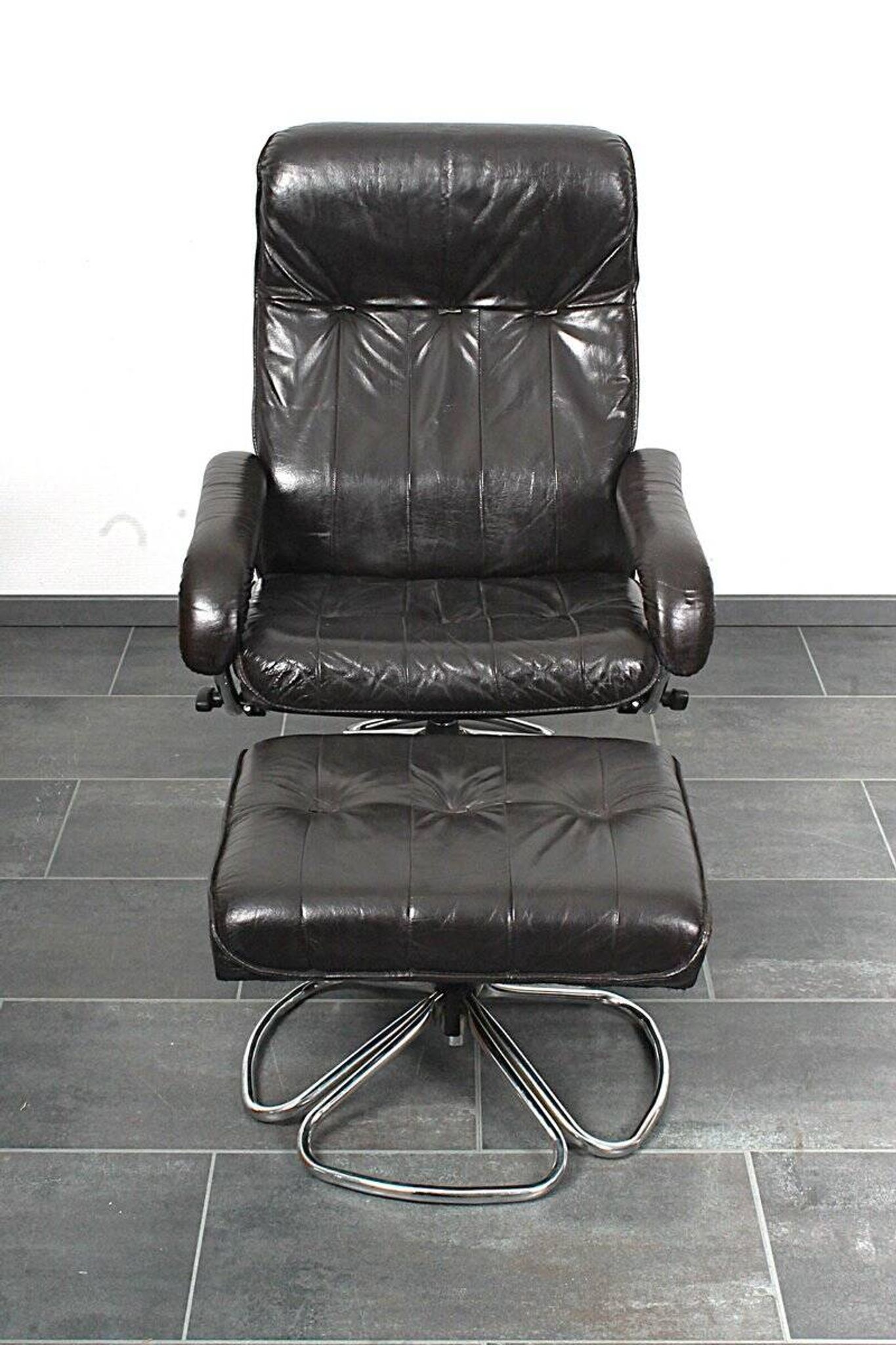 Unico 1970s Dark Brown Leather Lounge Chair and Ottoman Set of 2