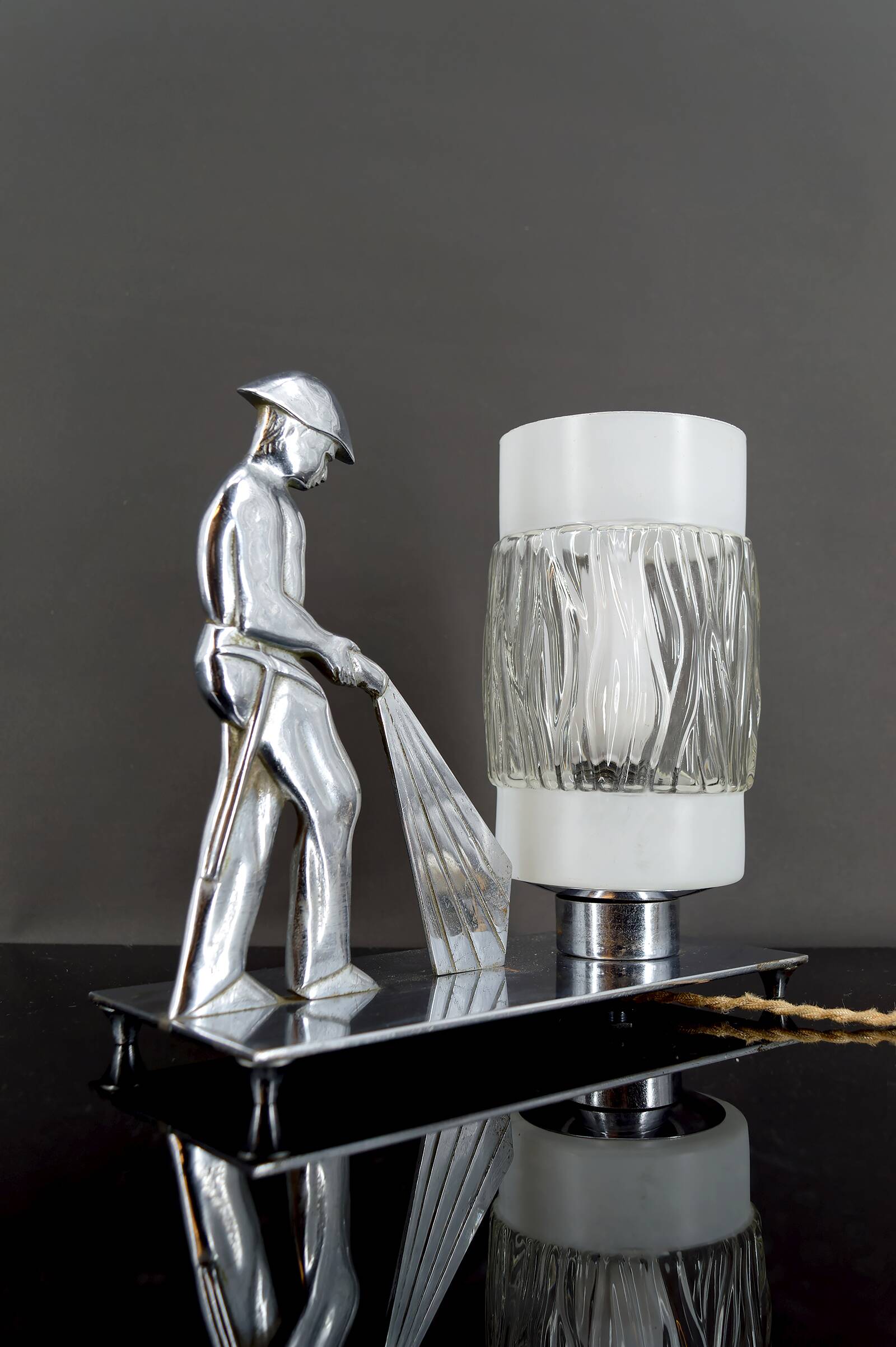 Rare Art Deco "Fire Soldier" Chromed Bronze Lamp, Poland, 1950-60