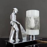 Rare Art Deco "Fire Soldier" Chromed Bronze Lamp, Poland, 1950-60