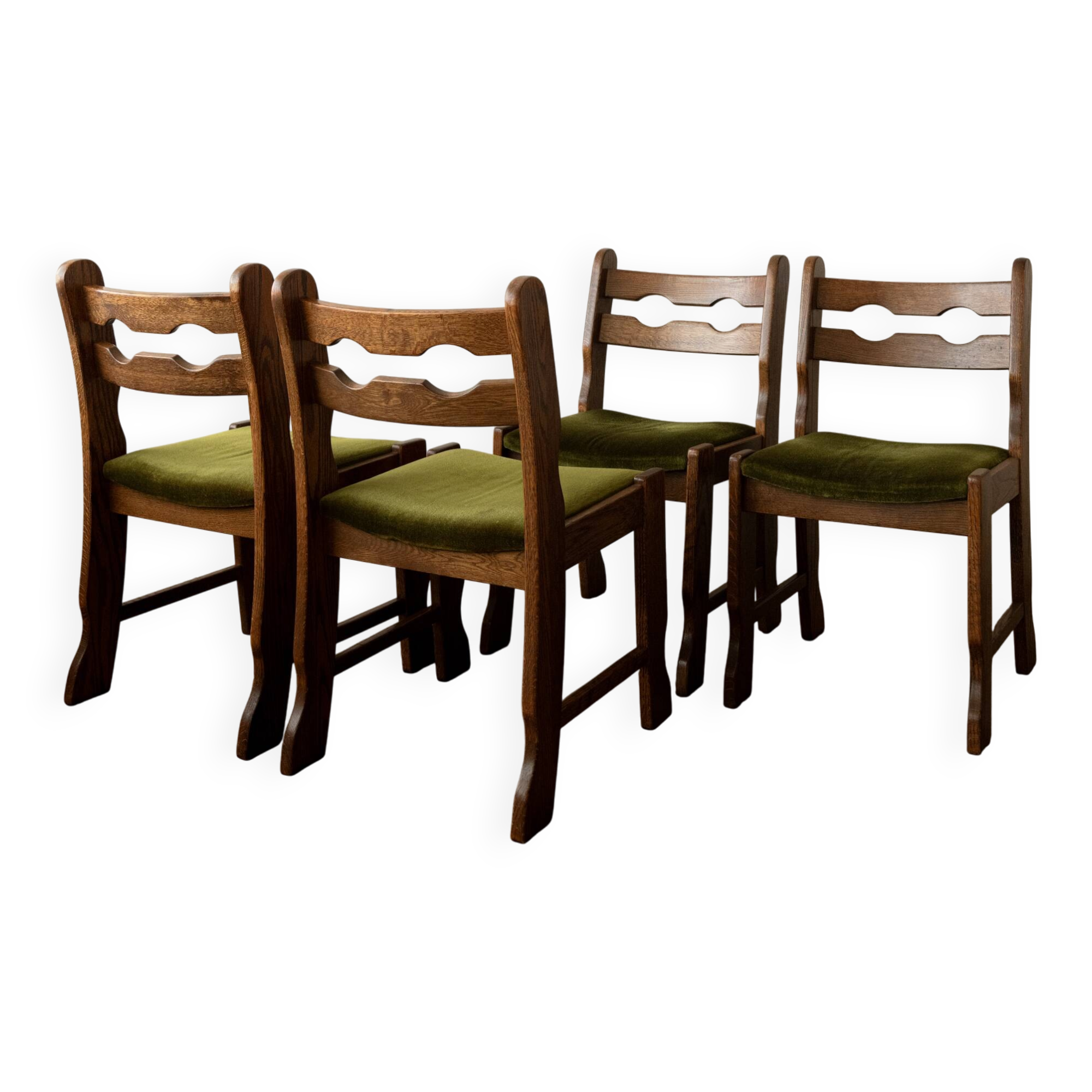 Brutalist Oak Razorback Dining Chairs with Green Velvet, 1970s, Set of 4