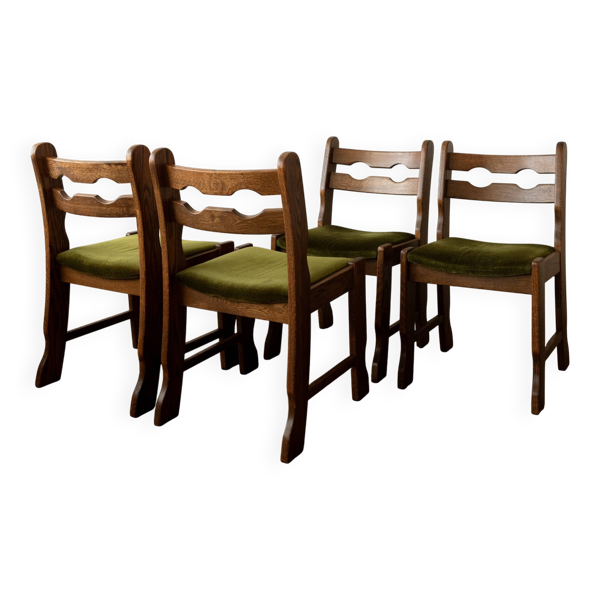 4 chaises de salle à manger brutalistes Razorback en chêne et velours vert, années 1970
