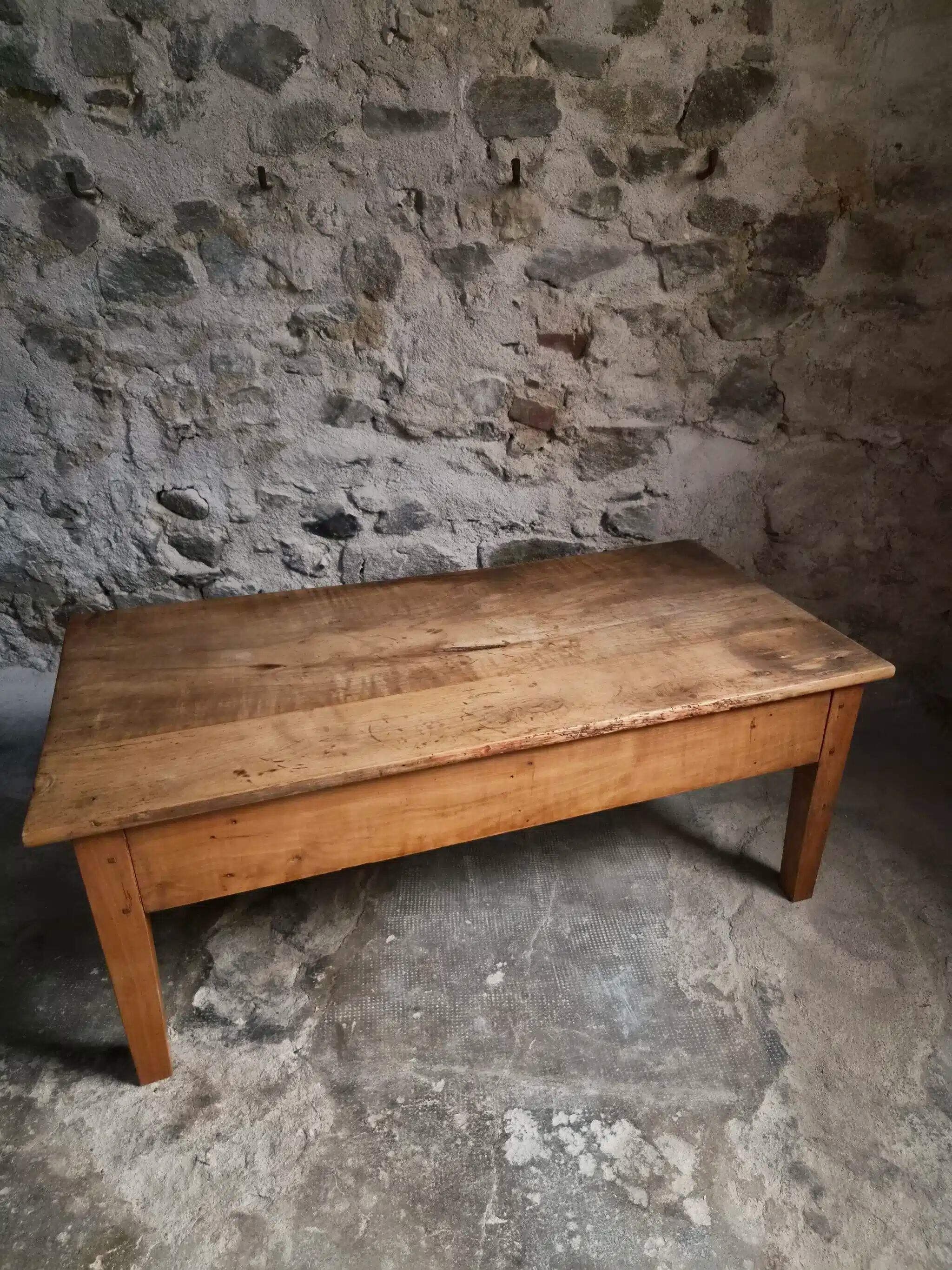Antique French coffee table, 18th-century cherry farmhouse table with a drawer.