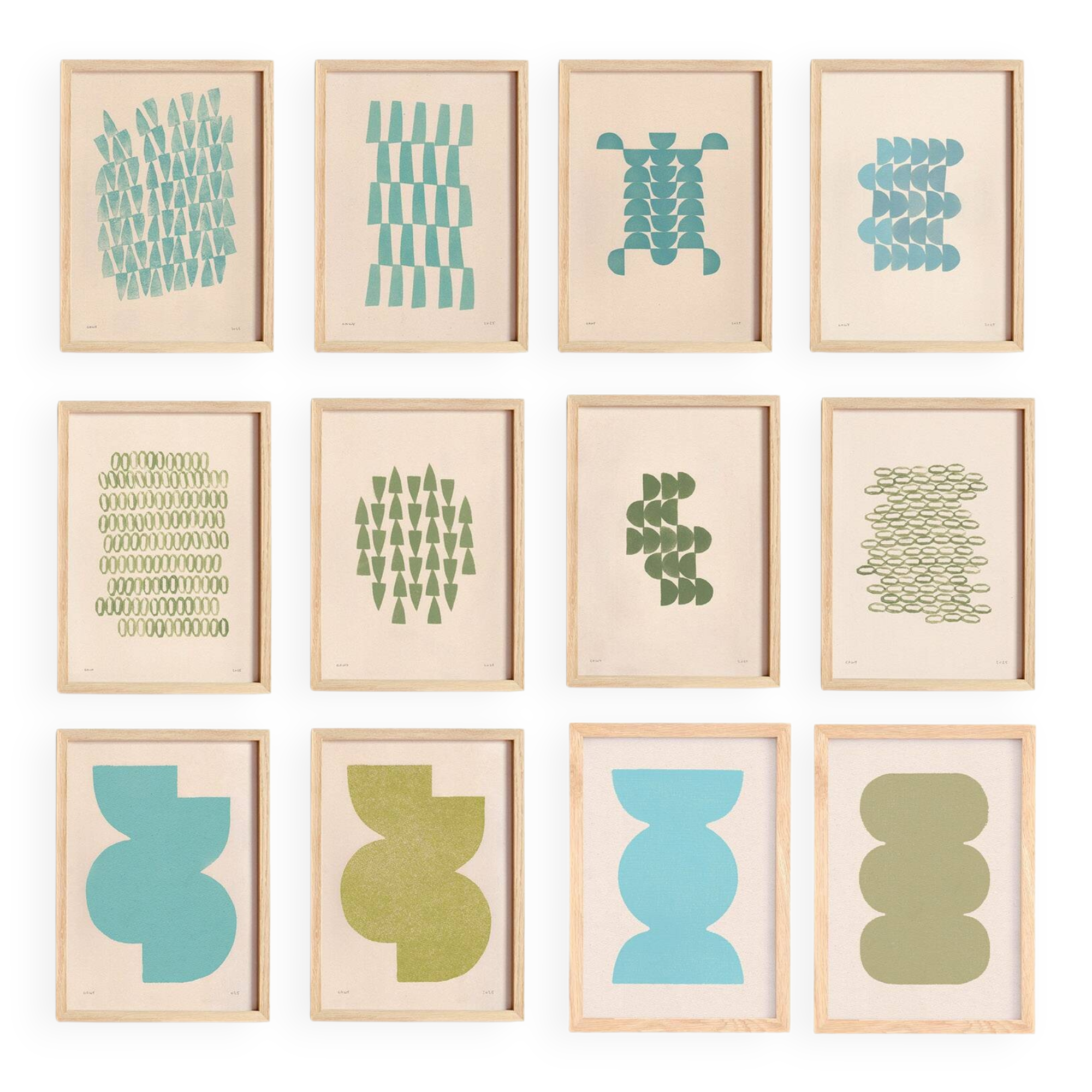 Collection of 12 paintings in cool colours blue and green.