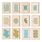 Collection of 12 paintings in cool colours blue and green.