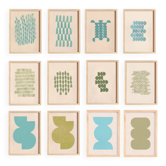 Collection of 12 paintings in cool colours blue and green.