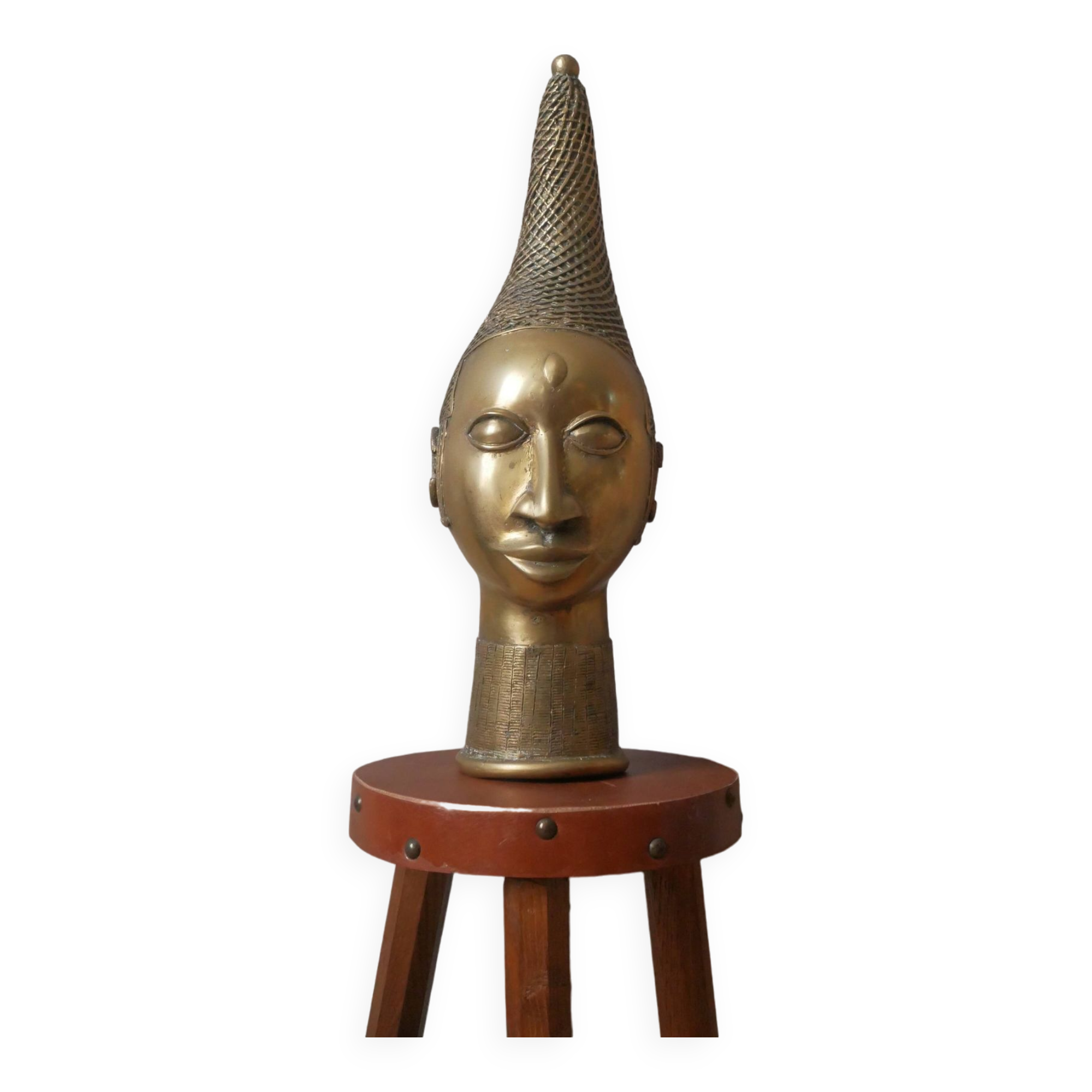 Bronze African art tribal ethnic decorative object handcrafted head of queen Benin