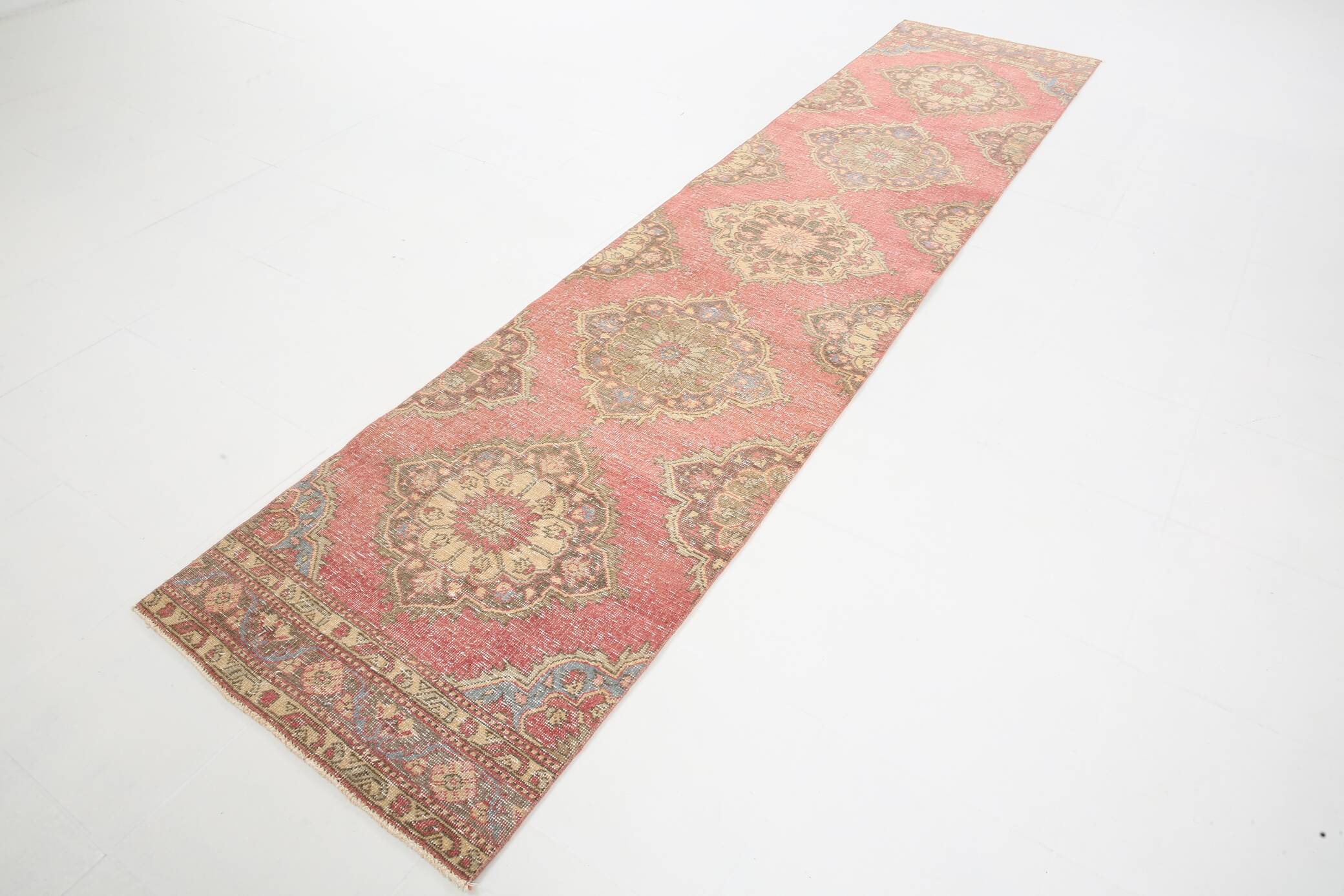 3x12 Pale Red Cream Soft Wool Vintage Runner Rug