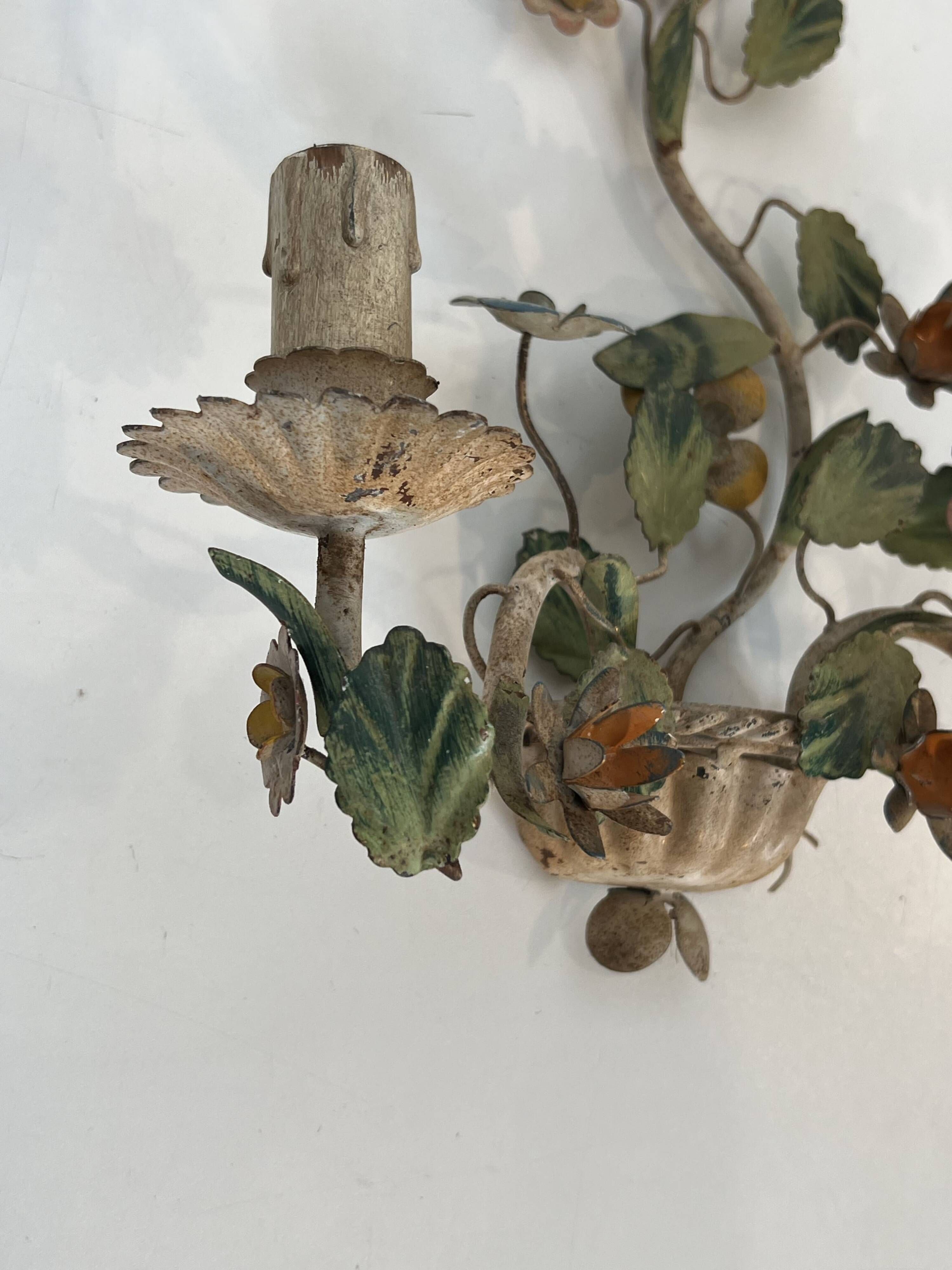 Pair of Wall Lights with Floral Basket in Painted Sheet Metal. Italian Work. Circa 19.
