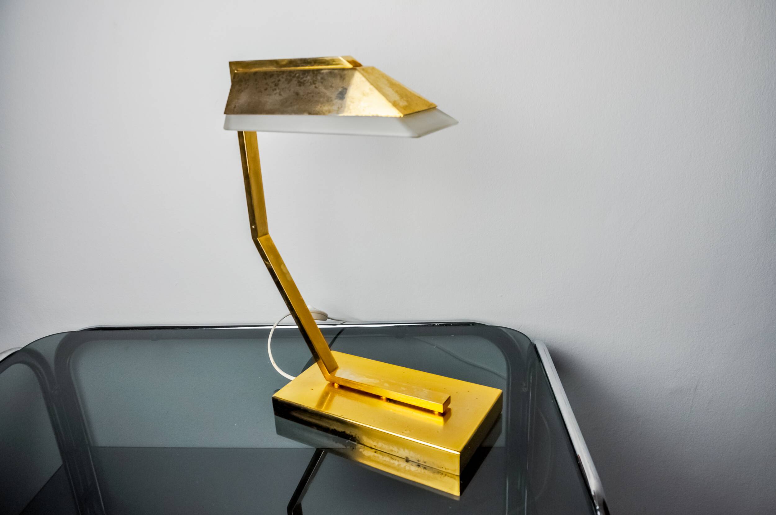 Geometric art deco lamp, brass and smoked glass, Spain, 1970