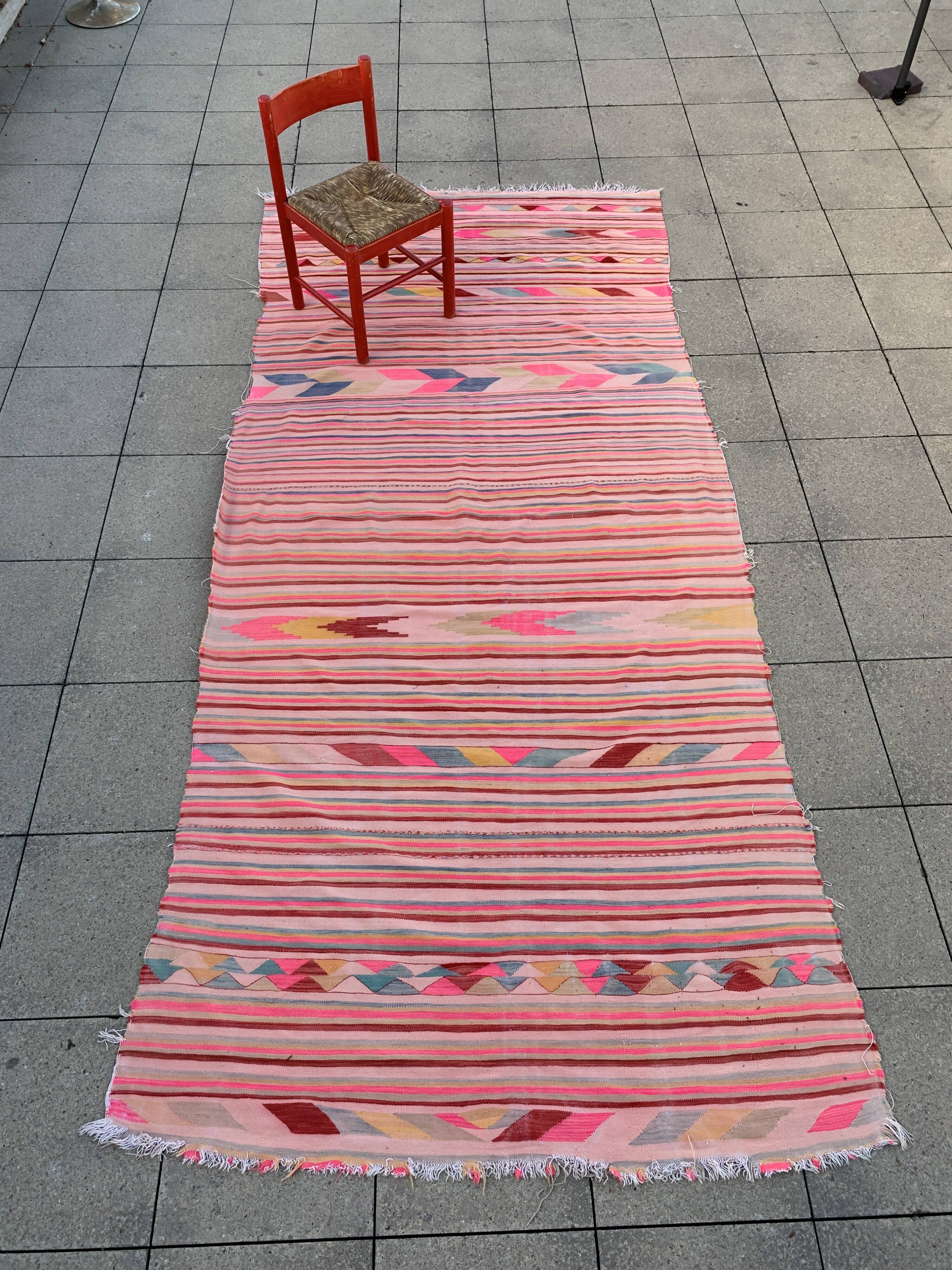 Tapis berbère algérien vintage rayé vintage avec motifs géométriques 369x163 cm