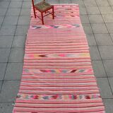 XXL Handmade Striped Vintage Pink Algerian Berber Rug With Geometric Patterns 369x163 cm