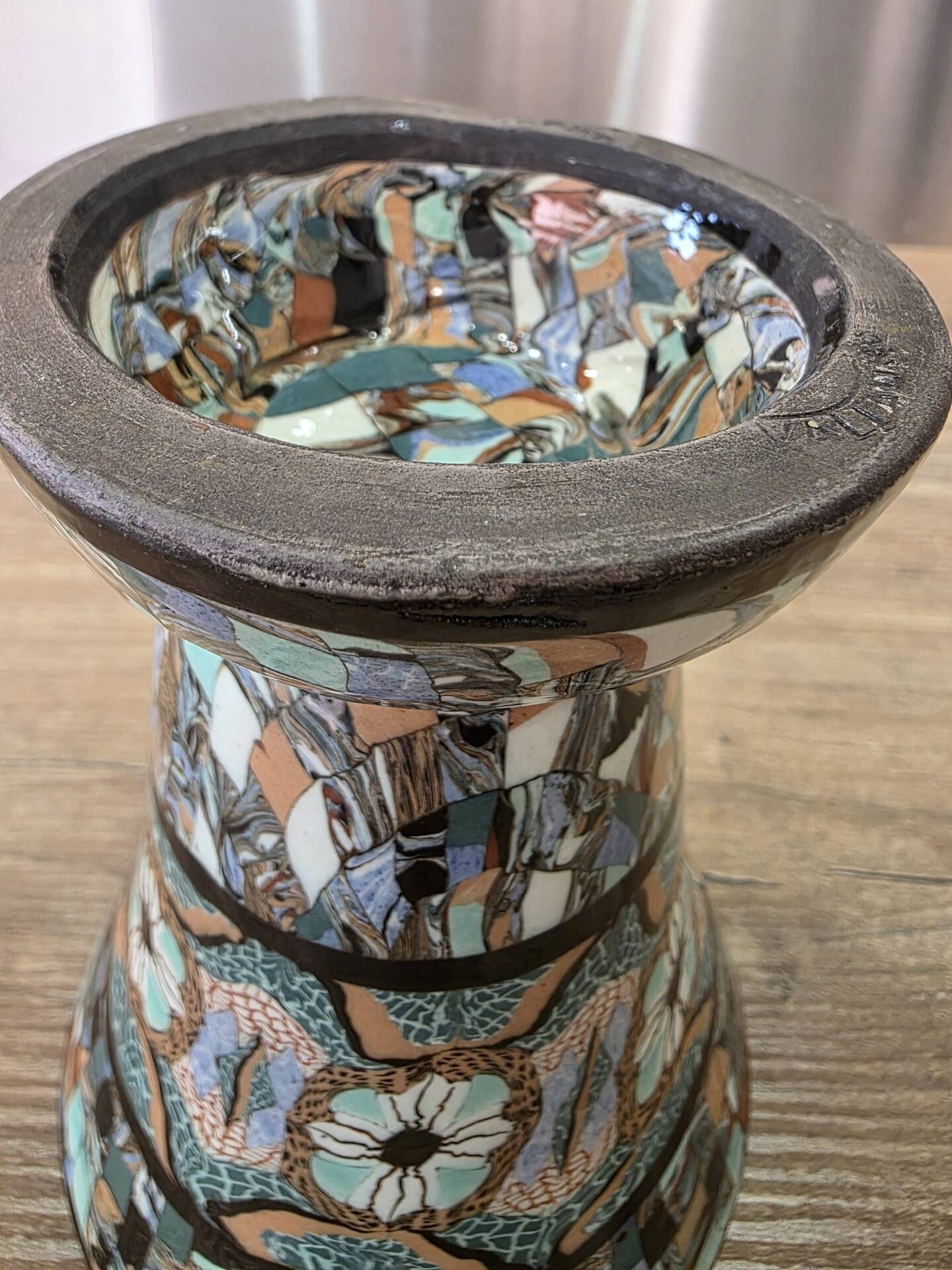 Rare diabolo vase by Jean Gerbino, Vallauris, 15 cm, mixed earth mosaic.