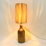 Vintage lamp in beige brown pyrite stoneware with raffia rope shade 1970
