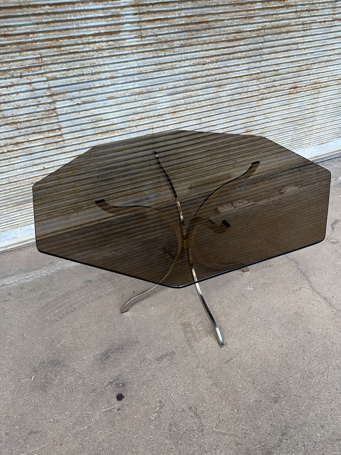 1970s table – chrome, brass, and smoked glass