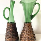 Pitcher and bottle in tinted glass and rattan, Italy, 1960s/1970s