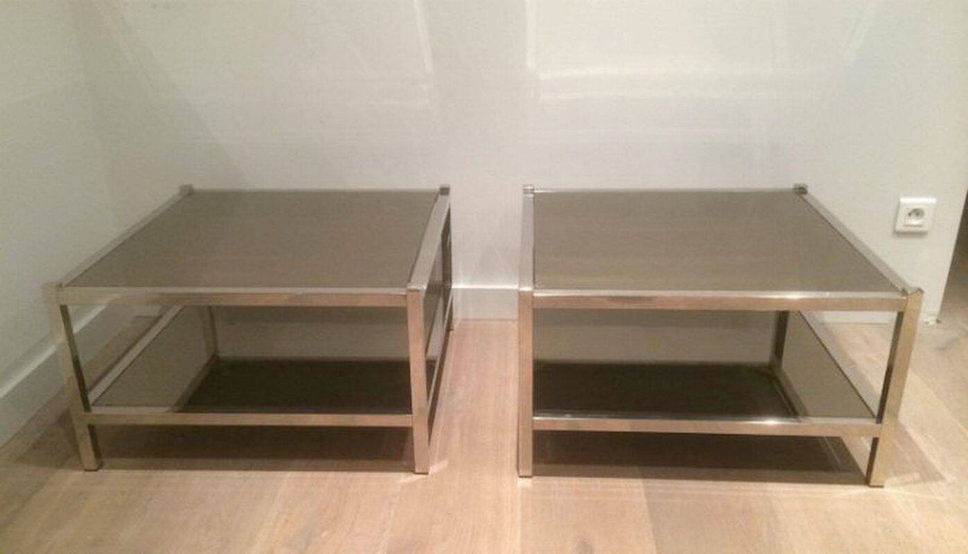 Pair of large side tables in chrome and bronze mirrors