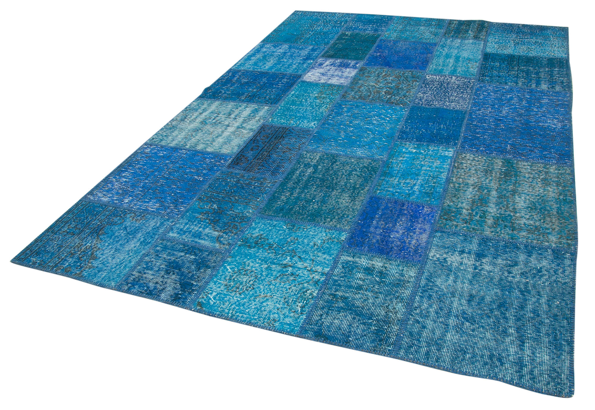 Hand-knotted oriental overdyed 205 cm x 305 cm blue patchwork carpet