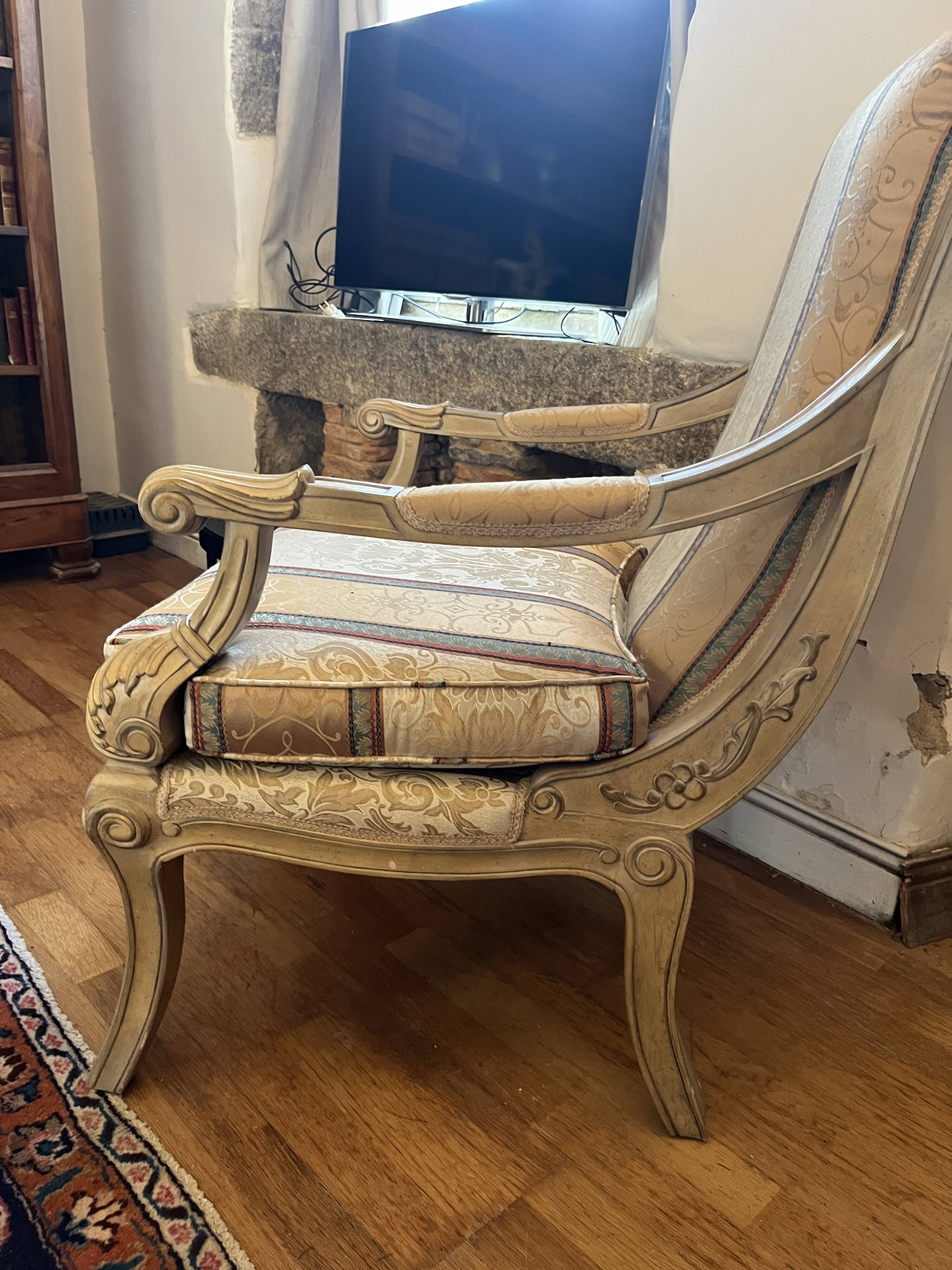 Louis XV bergère in vintage revival; timeless; provincial; French.