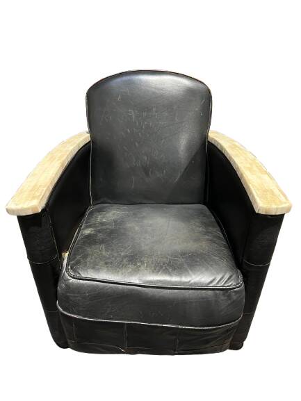 Pair of leather armchairs with marquetry armrests