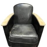 Pair of leather armchairs with marquetry armrests