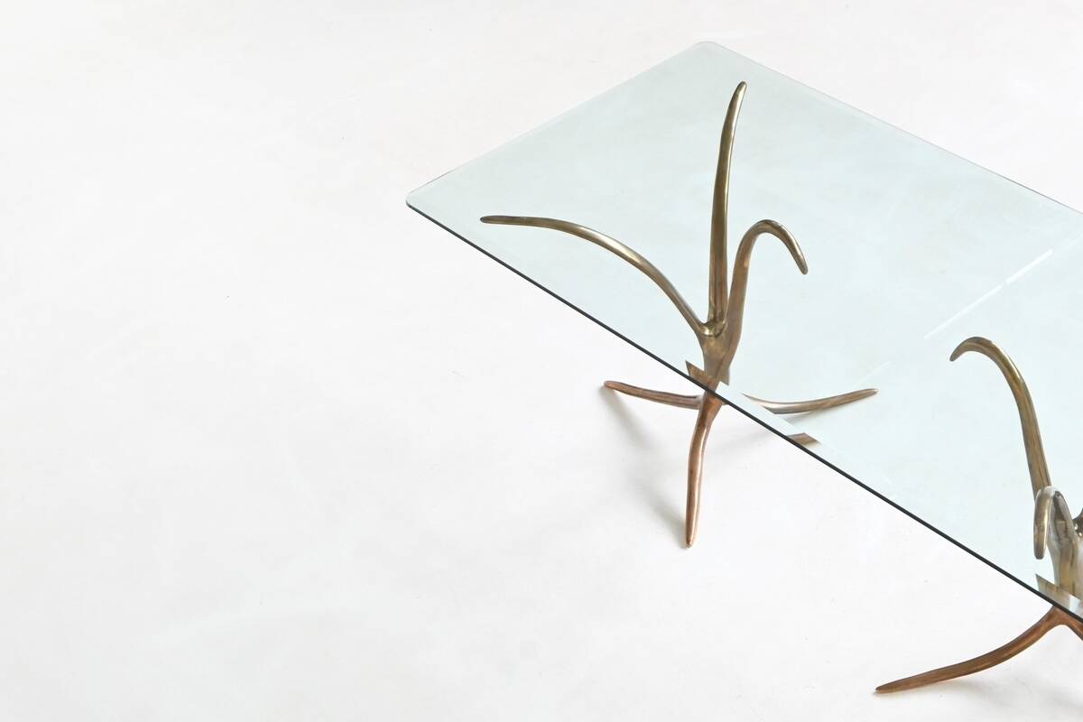 Unique sculptural dining table in bronze and glass, Belgium 1970.