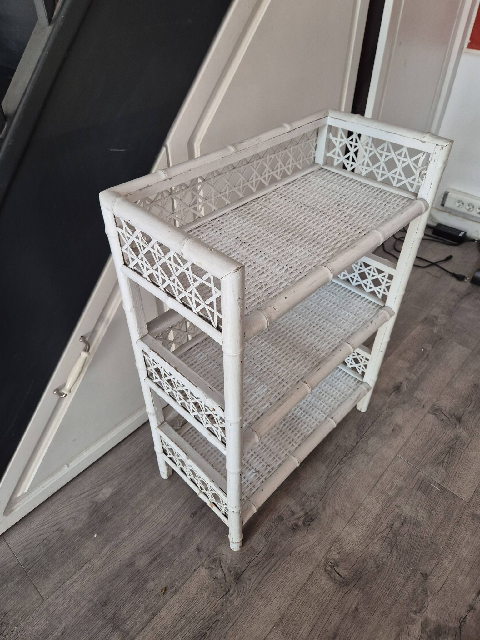 vintage white wicker rattan storage shelf
