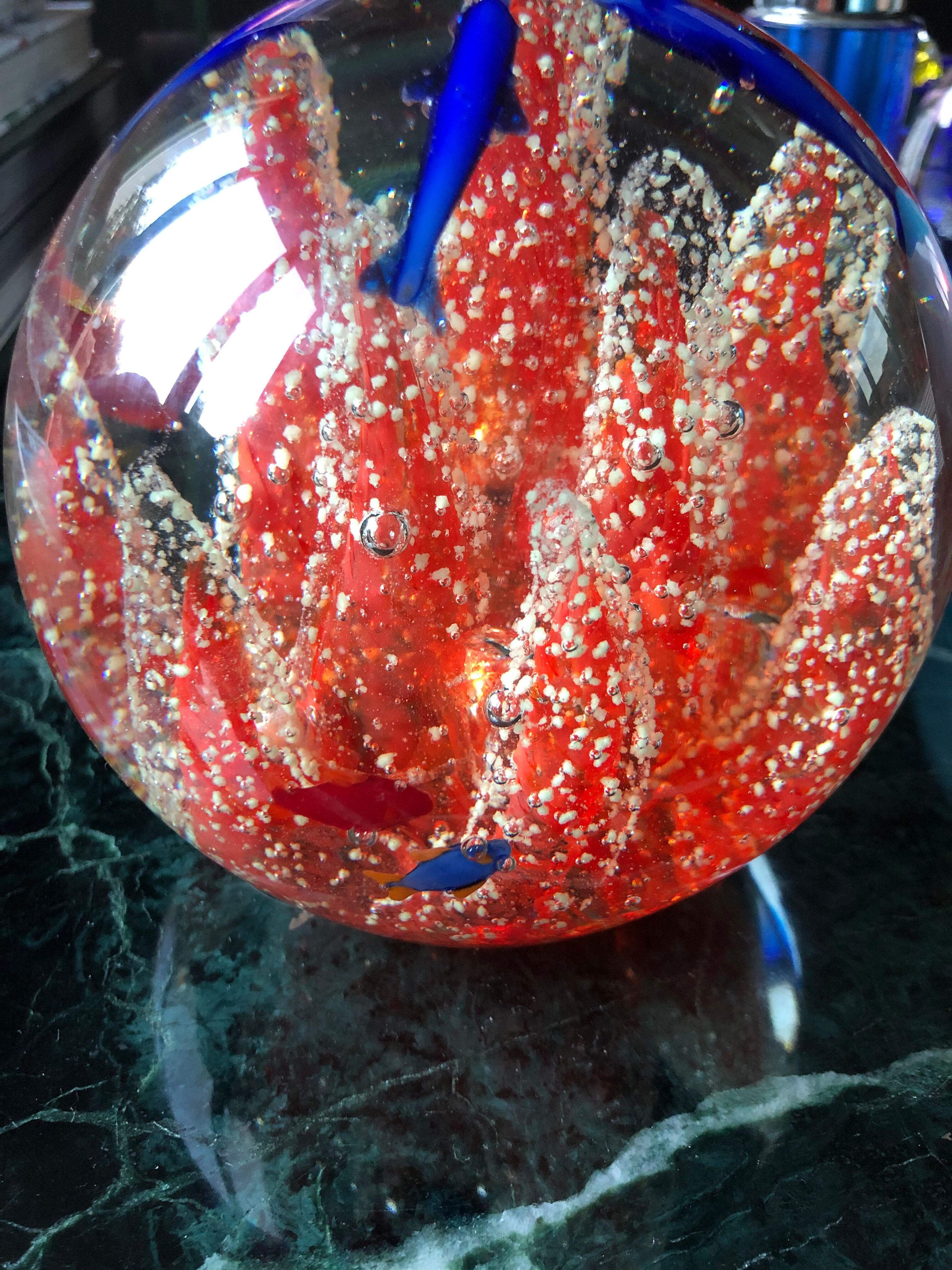 Murano glass ball paperweight Coral dolphins and fish