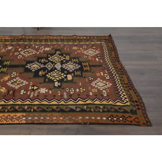 1970s Vintage Turkish Handmade Wool & Cotton Brown Runner Rug 178x475