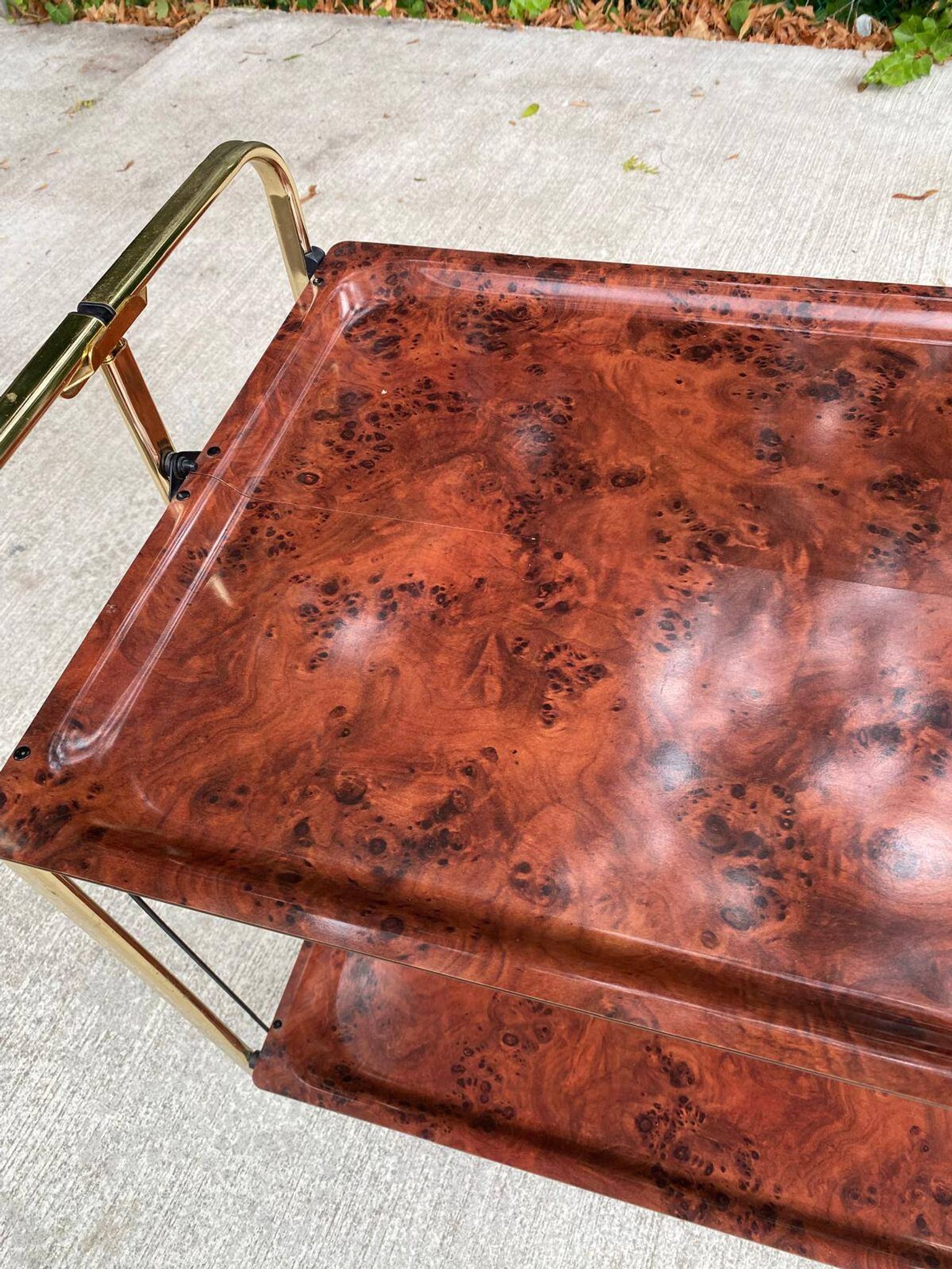 Vintage 70s folding bar table, brass with wood burl effect, Dinet style.