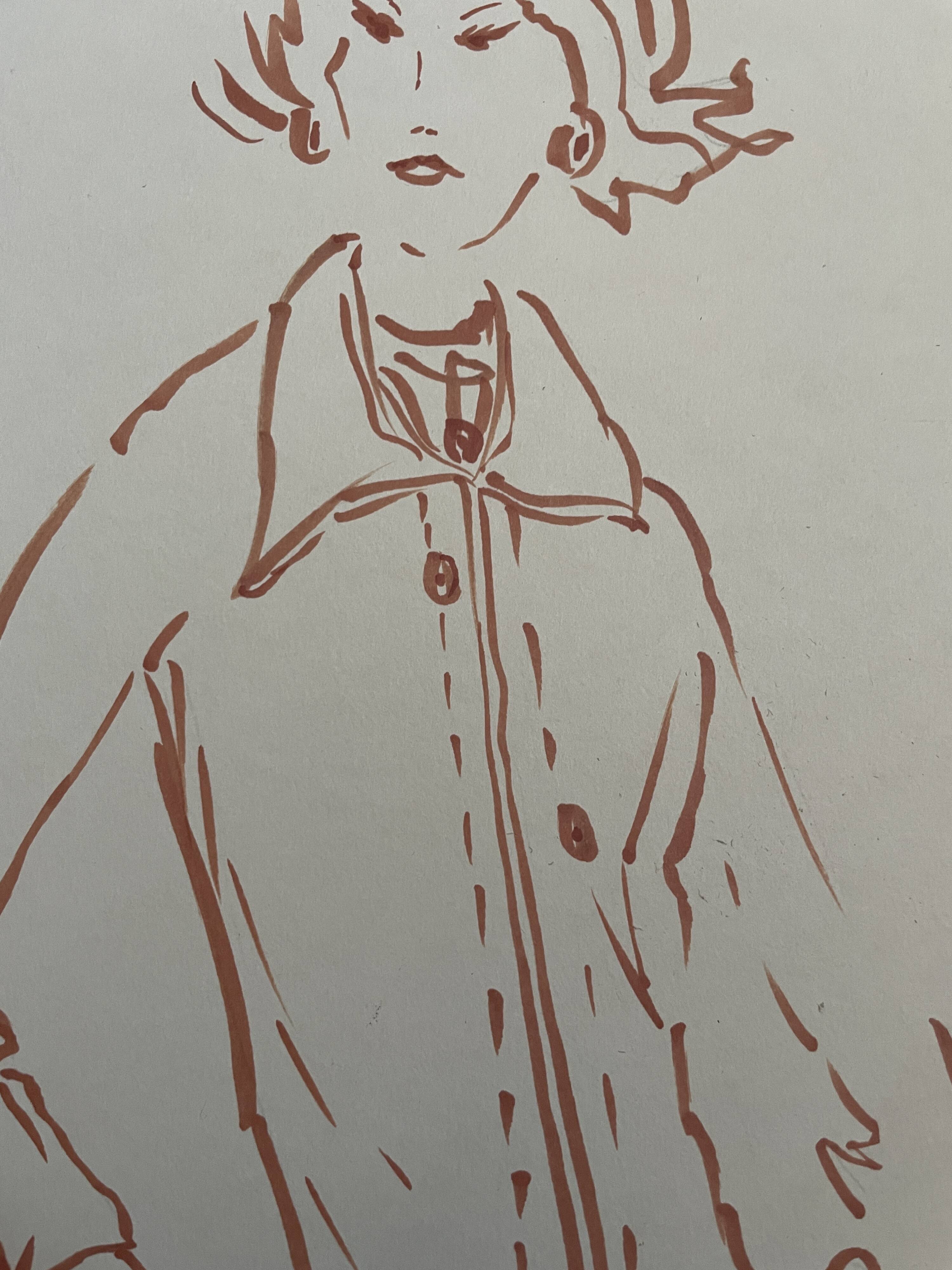 Painting signed in ink fashion engraving "study model of woman's jacket"