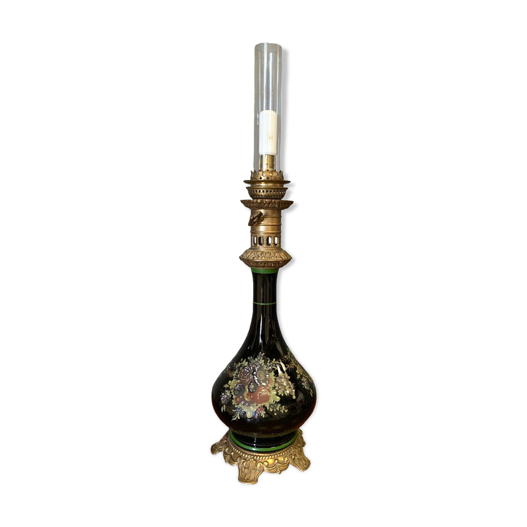IMPORTANTE LAMPE A PETROLE ANCIENNE EN BRONZE MARBRE VERRE FLEURS