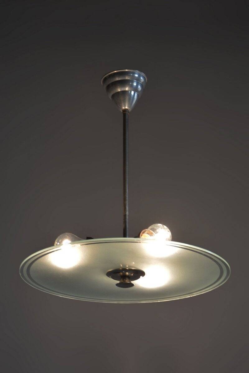 Bauhaus Chandelier in Chrome, Steel and Frosted Glass, Czech, 1930s
