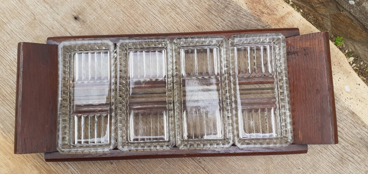 Vintage aperitif tray in oak and molded glass from the 50s
