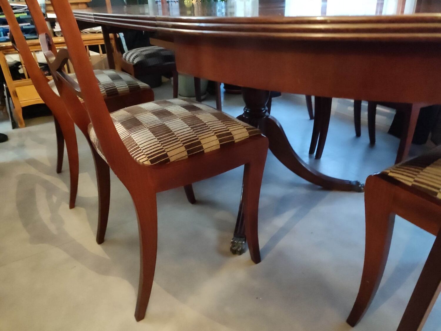 Table + extensions and chairs Gerbeau mahogany vintage wood